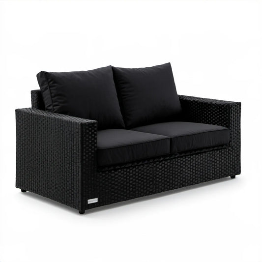 Czarna sofa dwuosobowa z technorattanu PE z poduszkami 124 x 65 x 80 cm