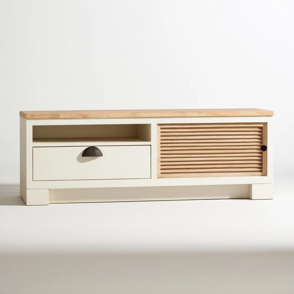 Szafka RTV 120 x 40 x 55 cm z MDF i drewna sosnowego, kremowa/naturalna/czarna