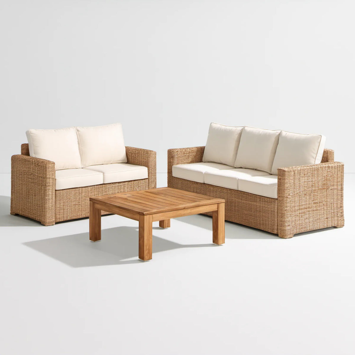 3-częściowy zestaw ogrodowy beżowy z naturalnym brązem: sofa 2-osobowa 152 × 78 × 76 cm, sofa 3-osobowa 202 × 78 × 76 cm, stolik 110 × 60 × 45 cm