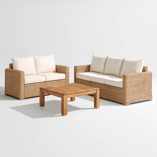 3-częściowy zestaw ogrodowy beżowy z naturalnym brązem: sofa 2-osobowa 152 × 78 × 76 cm, sofa 3-osobowa 202 × 78 × 76 cm, stolik 110 × 60 × 45 cm