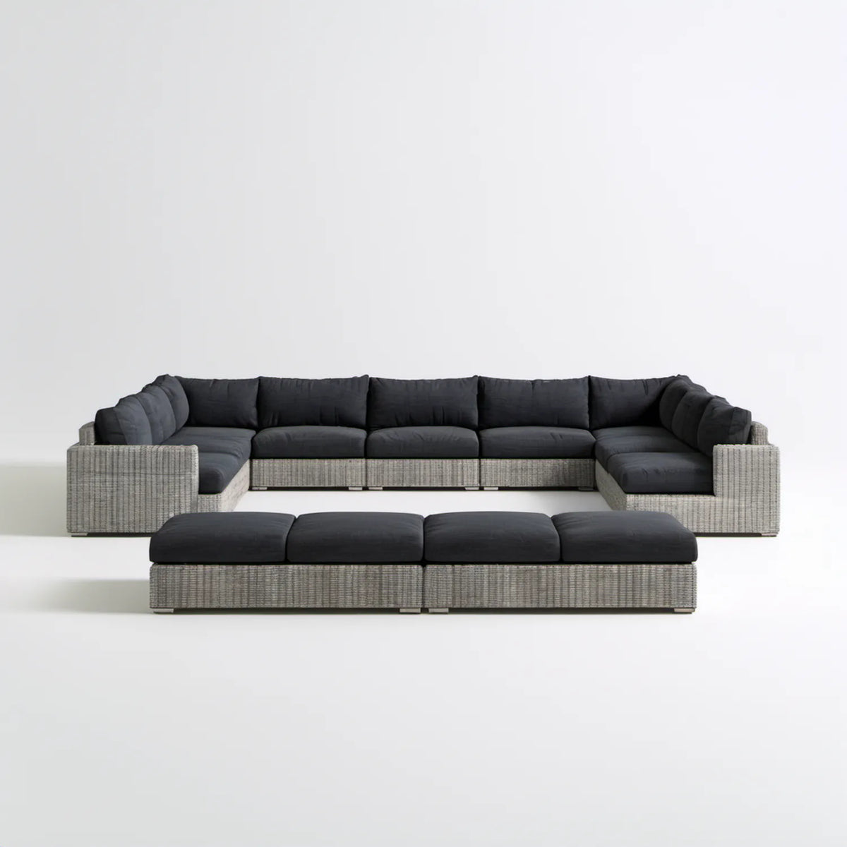 Modułowa sofa ogrodowa w kształcie U z 4 pufami, technorattan PE, szaro-czarna, 360 × 220 × 78 cm