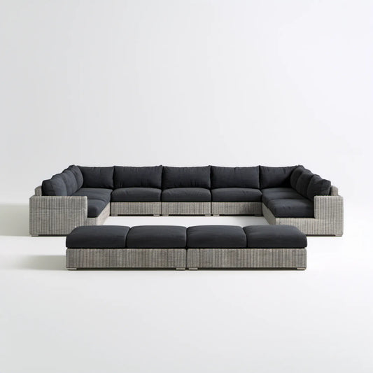 Modułowa sofa ogrodowa w kształcie U z 4 pufami, technorattan PE, szaro-czarna, 360 × 220 × 78 cm