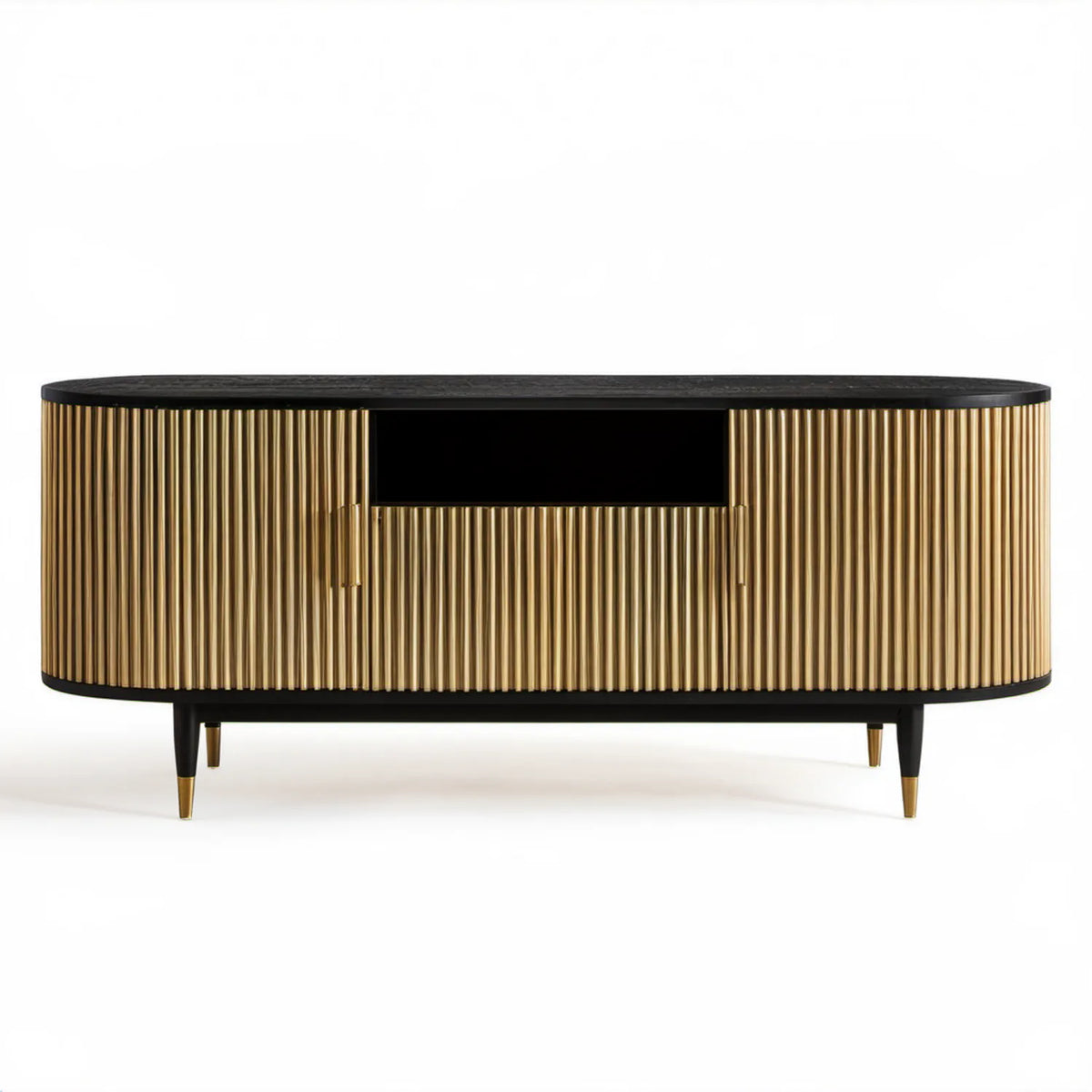 Owalna szafka RTV czarno-złota 160 x 40 x 55 cm z płyty MDF