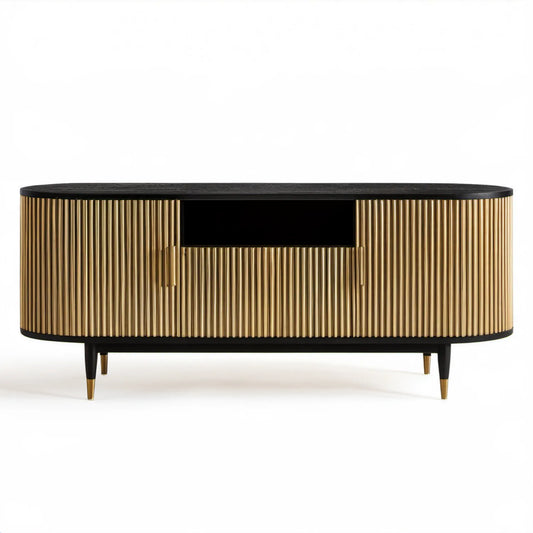 Owalna szafka RTV czarno-złota 160 x 40 x 55 cm z płyty MDF