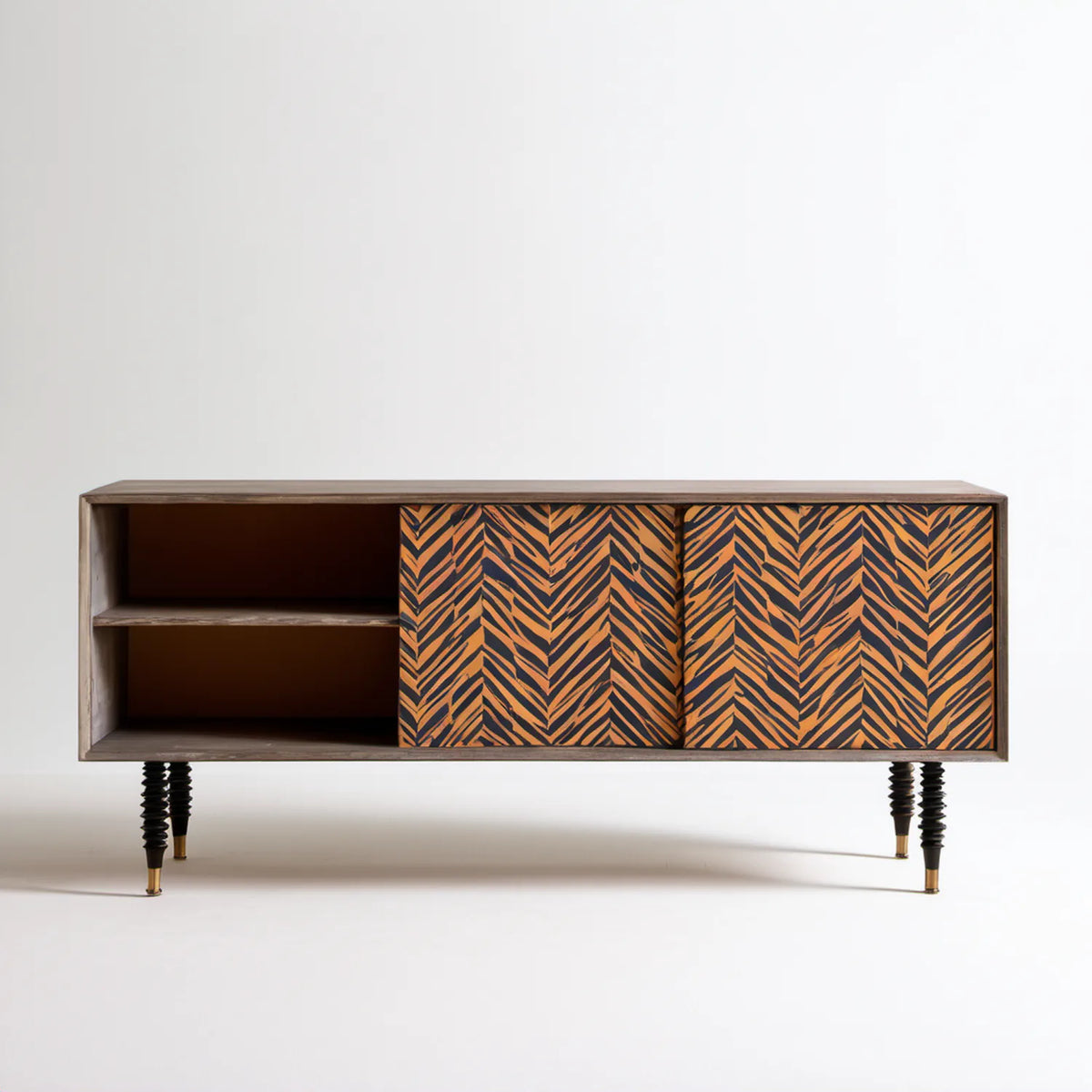 Szafka RTV z litego drewna mango 160 x 40 x 65 cm brązowo-czarno-złota z 2 drzwiami