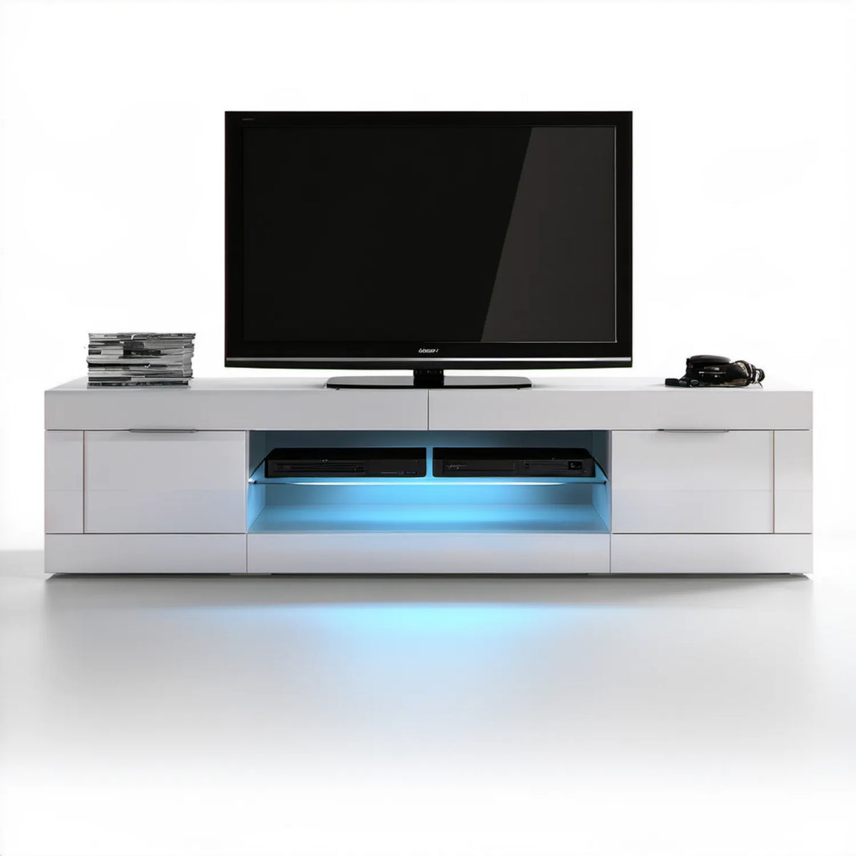 Biała szafka RTV z niebieskim oświetleniem LED, 180 x 40 x 50 cm, MDF