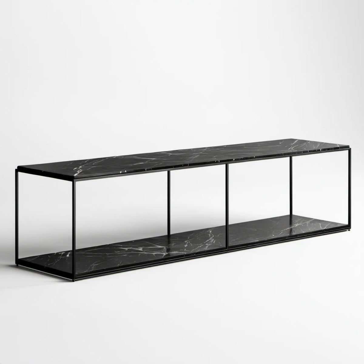 Otwarta szafka RTV 140 x 40 x 45 cm z czarną ramą stalową i marmurowymi półkami MDF