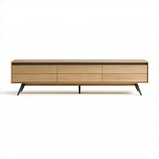 Dębowa szafka RTV 180 x 45 x 55 cm z 6 szufladami, Naturalny dąb/Czarny