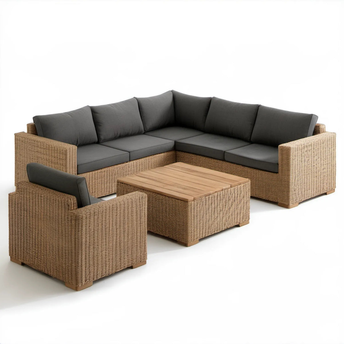 Narożnik ogrodowy z fotelem i stolikiem, rattan PE, naturalny brąz i ciemnoszare poduszki, 250 x 250 x 75 cm