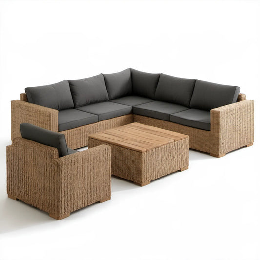 Narożnik ogrodowy z fotelem i stolikiem, rattan PE, naturalny brąz i ciemnoszare poduszki, 250 x 250 x 75 cm