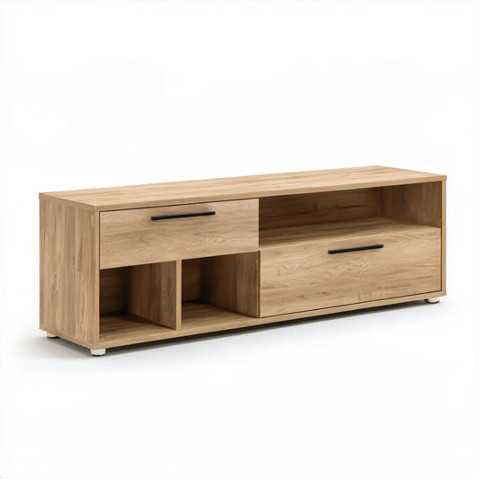 Szafka RTV 160 × 40 × 60 cm, dąb naturalny z czarnymi uchwytami