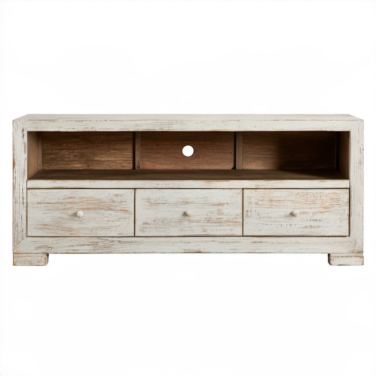 Bielona szafka RTV z litego drewna mango, 3 szuflady, 120 x 30 x 40 cm